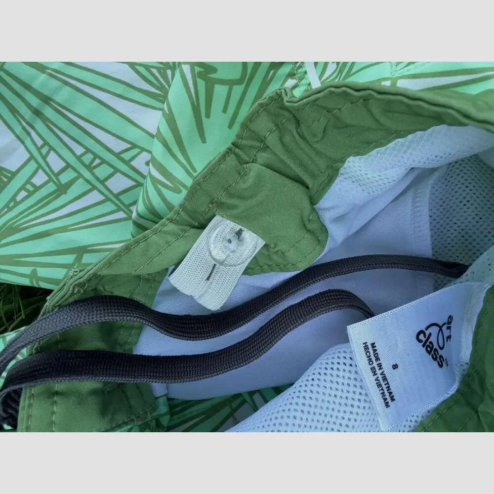 Art Class Boys Swim Trunks Green Palm Print Lined Beach Pool (SZ M 8)